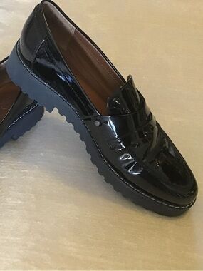 Franco Sarto Black Patent Leather Lug Sole Loafers